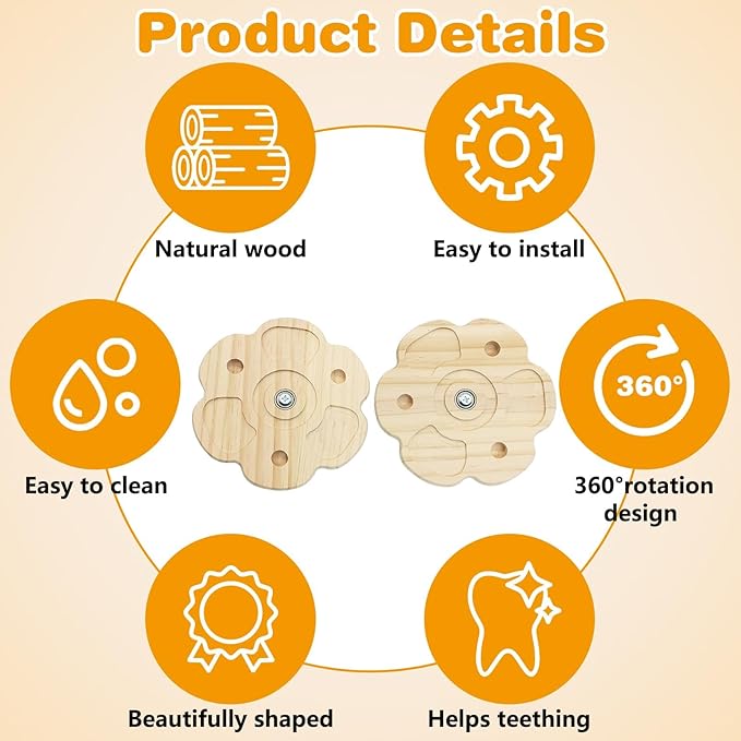 PINVNBY 2 PCS Natural Wooden Chinchilla Chew Toys Rotatable Chinchilla Toy Interactive Teeth Grinding Chew Toy Hanging Chinchilla Cage Accessories for Bunny Rabbit Guinea Pig Hamster Squirrel (Flower)