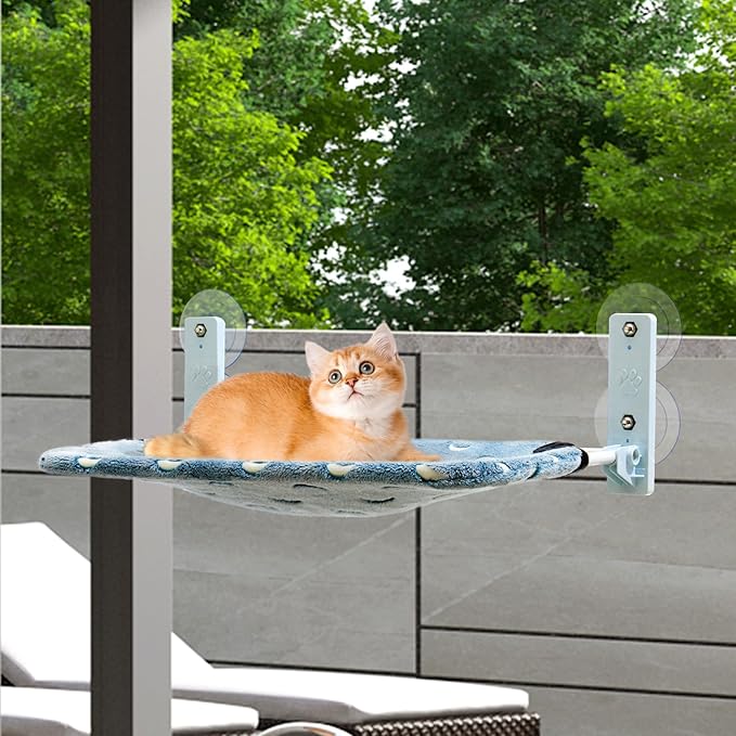 Glow in the Dark Cat Hammock with Cordless Cat Bed, 4 Strong Suction Cups, Warm Soft Zipper Cushions, Moon, Large