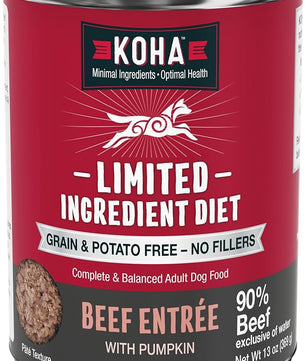 KOHA Limited Ingredient Diet Beef Entrée for Dogs - Grain Free Wet Dog Food with No Fillers - Sensitive Stomach Beef Dog Food 13 oz Pack of 12