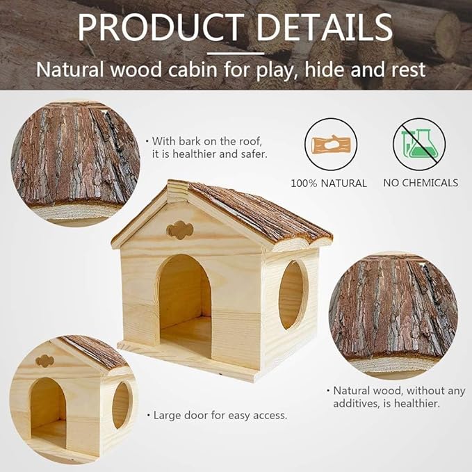 Hamiledyi Ex-Large Hamster Wooden House Natural Syrian Hamster Handcrafted Hideout Hut for Rat Mice Mouse Hedgehog Sugar Gliders
