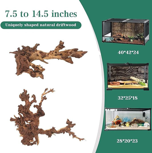 PINVNBY Natural Large Driftwood for Aquarium Fish Tank Decorations, Driftwood for Reptile Tank Bearded Dragon Tank Accessories Terrarium Decor (7.5 to 14.5 inches / 2 Pack)