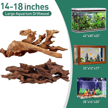 WDEFUN Natural Extral Large Driftwood for Aquarium Decor, 2-Piece 14''-18'' Driftwood for Decorations on Fish Tank, Reptiles Bearded Dragon Accessories or Air Plants