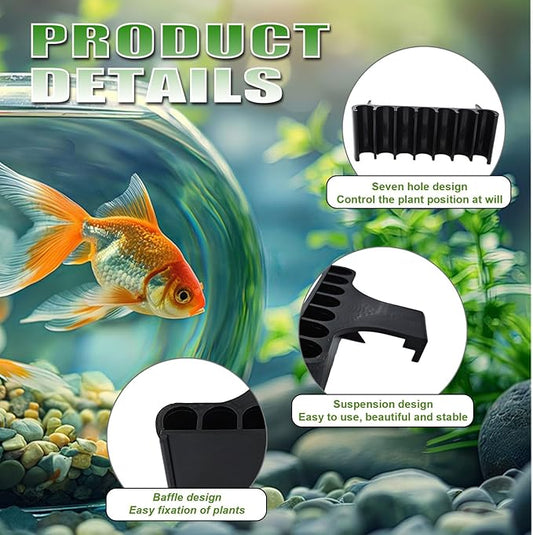 2PC 7 Holes Upgraded Aquarium Plant Holder, Aquatic Cup for Tank, Fish Tank Holder with Long Hook, Aquarium Feeder for Aquascape Decorations on Top of Tank (Black)
