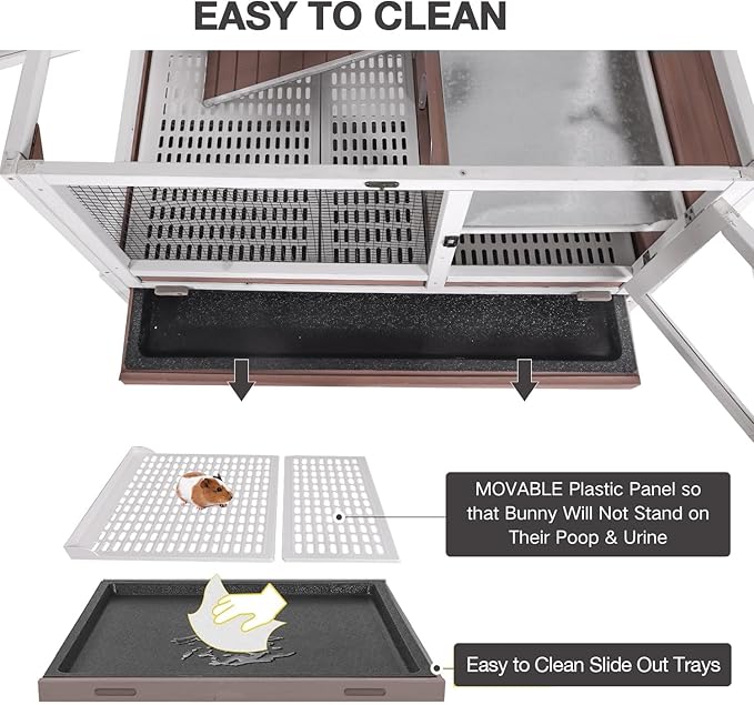 Guinea Pig Cage Indoor with Cool Zinc Plate Rabbit Hutch with Wheels and Removable Proof Tray Elevated Legs Hamster Cage with Chew-Resistant Metal Frame 36.6" L（Brown）