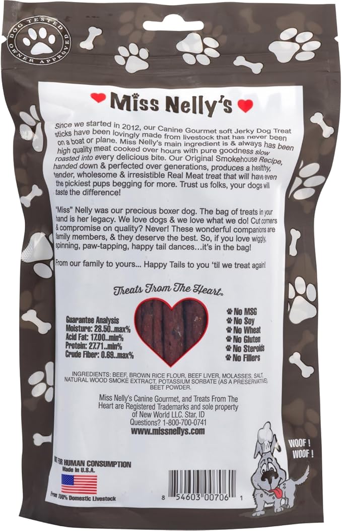 Miss Nelly's- All Natural Beef Jerky Dog Treats Made in USA Only - Beef Jerky Treats for Dogs Original Smoke House Recipe-Minimally Processed Soft Sticks - 16 oz. Bag.