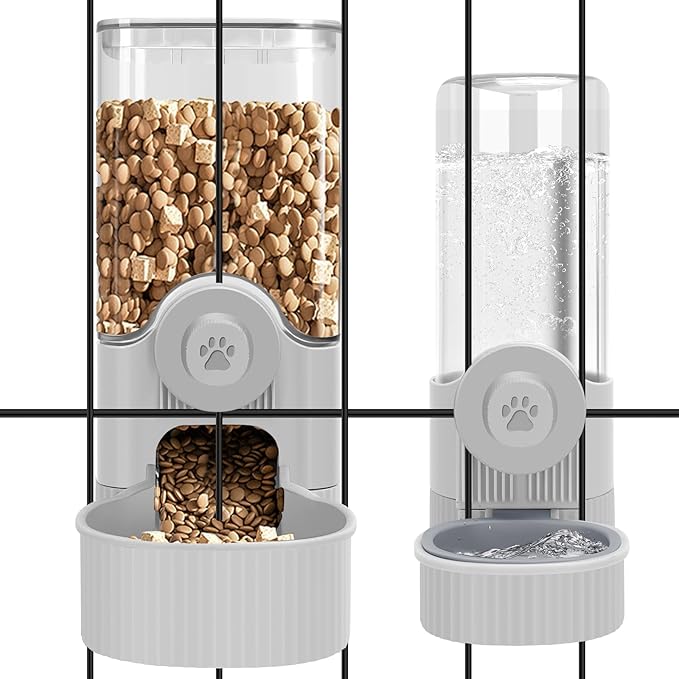 Yummy Sam Hanging Cage Automatic Small Pet Food Bowl Water Bottle Dispenser, Detachable Auto Gravity 1.2L Self-Feeding Feeder and 0.52L Waterer Set Kennel Feeding Station for Puppy Cats Rabbit(Grey)