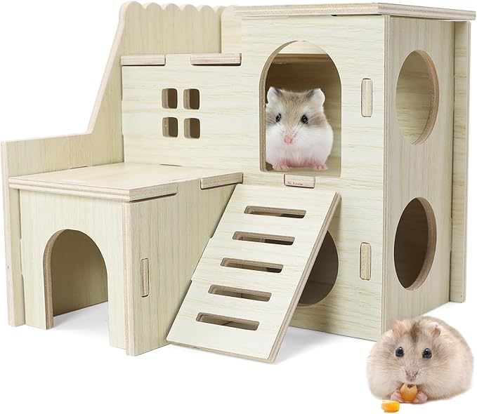Hamster Hideout Tiny Maze Wood House with Slide Hamster House and Habitat Wooden Hide Hut for Dwarf Gerbils Mouse Mice and Other Small Animals (Pygmy Rats Only)