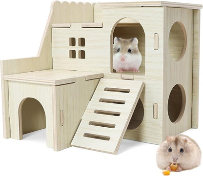 Hamster Hideout Tiny Maze Wood House with Slide Hamster House and Habitat Wooden Hide Hut for Dwarf Gerbils Mouse Mice and Other Small Animals (Pygmy Rats Only)