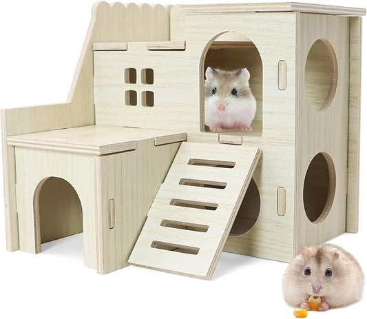 Hamster Hideout Tiny Maze Wood House with Slide Hamster House and Habitat Wooden Hide Hut for Dwarf Gerbils Mouse Mice and Other Small Animals (Pygmy Rats Only)