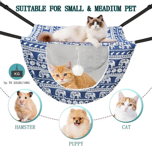 JSPYFITS Cat Cage Hammock with Ball,Double Layer Hanging Adjustable Soft Pet Bed Suit for Kitten Ferret Puppy Rabbit or Small Pet, 2 Level Indoor Bed for All Season(Blue Elephant)