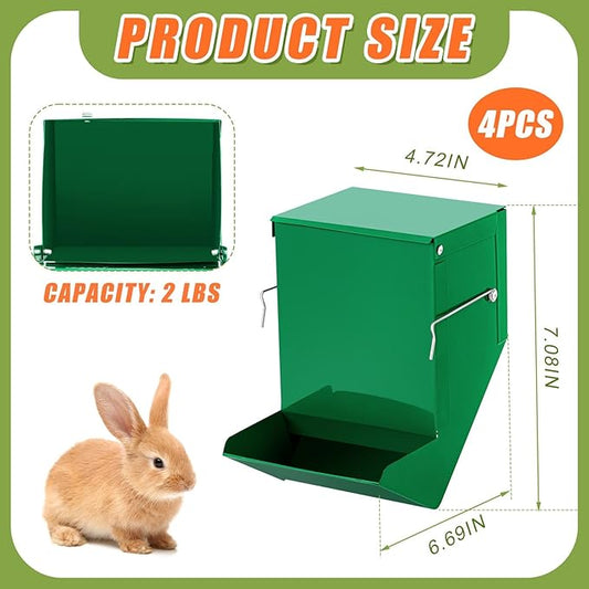 Maxcheck 2 Pcs Rabbit Feeder for Cages Small Animal Food Dispenser with Lid Metal Chicken Grit Oyster Shell Feeders Outside(4.7 Inches,Solid Bottom,Green)