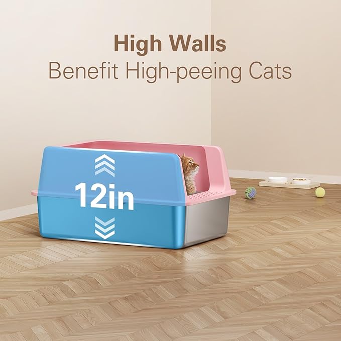 Zarler Stainless Steel Litter Box with Lid, Extra Large Cat Litter Boxes, XL Large Metal Litter Box for Big Cats with High Sided, Pink (Non-Sticky, Easy to Clean, Anti-Urine Leakage)