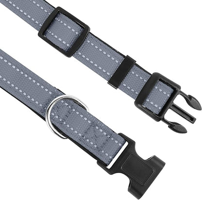 Reflective Dog Collar, Adjustable Soft Neoprene Padded Nylon Pet Collars with Buckle for Extra Large Dogs, Gray,XL