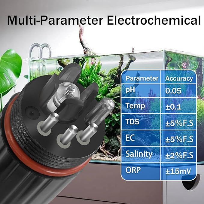 Smart Aquarium Water Monitor, Salinity pH ORP TDS EC Temp Multi-Parameter Tester for Freshwater Saltwater Fish Tanks Real-Time Alerts Upgraded Version