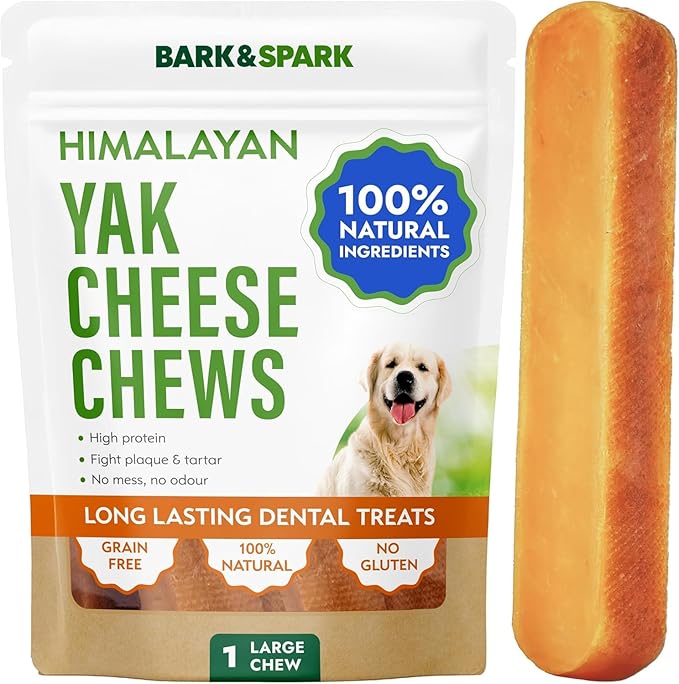 BARK&SPARK Yak Cheese Himalayan Dog Chews - 100% Natural & Long Lasting Dog Treats, Yak Milk Chews for Small, Medium & Large Dogs, Lactose & Gluten Free Dental Sticks, Healthy & Safe (1 Large Chew)
