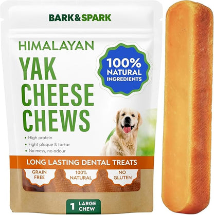 BARK&SPARK Yak Cheese Himalayan Dog Chews - 100% Natural & Long Lasting Dog Treats, Yak Milk Chews for Small, Medium & Large Dogs, Lactose & Gluten Free Dental Sticks, Healthy & Safe (1 Large Chew)