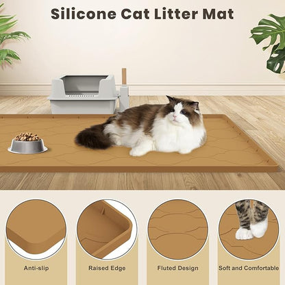 Cat Mat for Litter Box, 34" X 22" Large Silicone Cat Litter Trapping Mat, Easy Clean for Scatter Control, Soft on Kitty Paws, Waterproof, Urine-Proof, Non-Slip Kitty Litter Mat for Floor, Brown