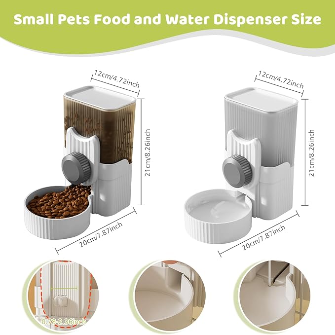 Hanging Cage Automatic Food Water Dispenser, Detachable Auto Gravity 1L Self-Feeding Feeder and Waterer Set, Crate Auto Feeder Dish for Puppy Cats Ferret Bunny Guinea Pig Small Pets (Grey)