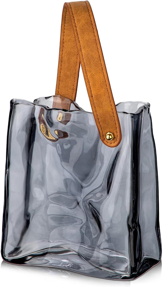 Glass Purse Vase for Flowers Black Vases for Centerpieces Glass Bag Vase with Leather Handle Small Bag Vases for Decor Decorative Fish Bowl for Home Wedding Decor