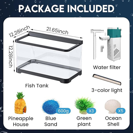 LED Aquarium Fish Tank Kit,（Light + Filter + Green Plants + Blue Sand + Pineapple Houses + Shells） Black, 14 Gallon