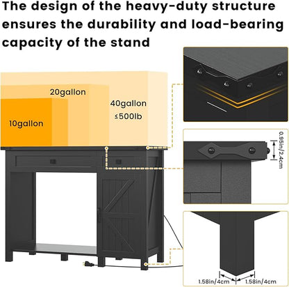 40 Gallon Aquarium Stand With Charging Station, Farmhouse Fish Tank Stand, 30-40 Gallon Reptile Tank Stand Terrarium Stand with Drawer and Cabinet Storage, Sturdy Heavy Duty 41.9"×18.3" Tabletop - Black