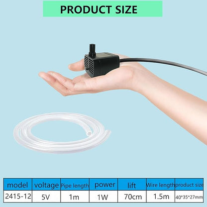 USB Mini Submersible Pump,1M Tube,DC 5V,0.7W Super Quiet Electric Brushless Bench Pump,Pet Fountain,Small Hydroponic System (Black)