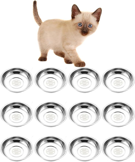 VENTION Small Shallow Cat Food Bowls, Outer Dia. 4.9 in Whisker Fatigue Cat Bowl, Stainless Steel Cat Food Dish for Indoor Cats, Set of 12 Replacement Cat Bowls for Raised Station(7.4 Fl.oz)
