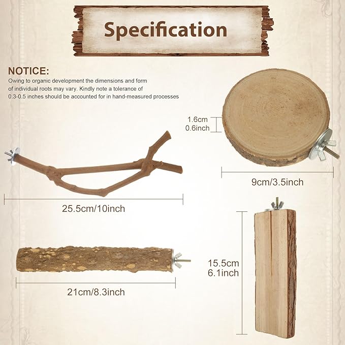 6PCS Bird Perch Natural Wood Grape Stick Bird Stand, 4 Grape Stick Paw Grinding Fork Parakeet Chewing Stick 2 Parrot Stand Branch