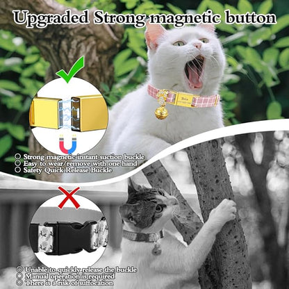 Personalized Breakaway Cat Collars - Magnetic Buckle, Bell - Safety Quick Release, Customized for Girls & Boys Cats - Herringbone