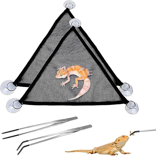 Reptile Feeding Tongs & Hammock Set, Stainless Steel Feeding Tongs Rubber Tip for Reptiles, Breathable Mesh Hammock for Bearded Dragon