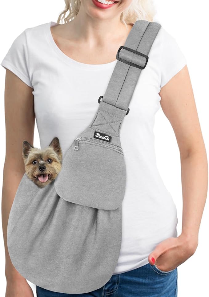 Lukovee Pet Sling, Hand Free Dog Sling Carrier Adjustable Padded Strap Tote Bag, Shoulder Bag with Safety Belt & Front Pocket for Small Dog Cat Puppy (Grey-WY,M)