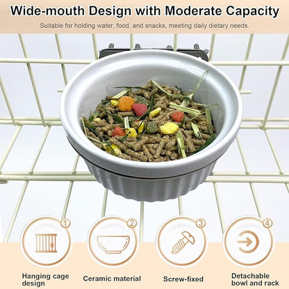Rabbit Hanging Ceramic Bowl, Removable Cage Feeder Thick Ceramic Bowl with Stainless Steel Support Ring Pet Water Food Bowl for Small Animal Chinchilla Ferret Small Dog & Cat (4.92 * 1.97”)
