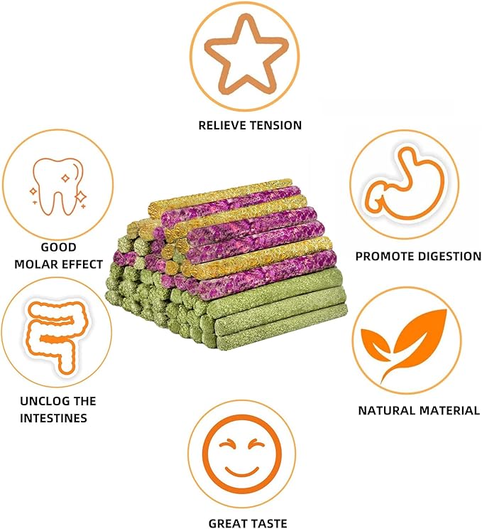 Rabbit Toys,Timothy Hay Stick for Guinea Pig Toy Bunny Chew Toys for Teeth Grinding Hamster Alfalfa Bite Treat Rabbit Molar Food Snack for Pet Rat Chinchilla Squirrel Gerbil-46PCS