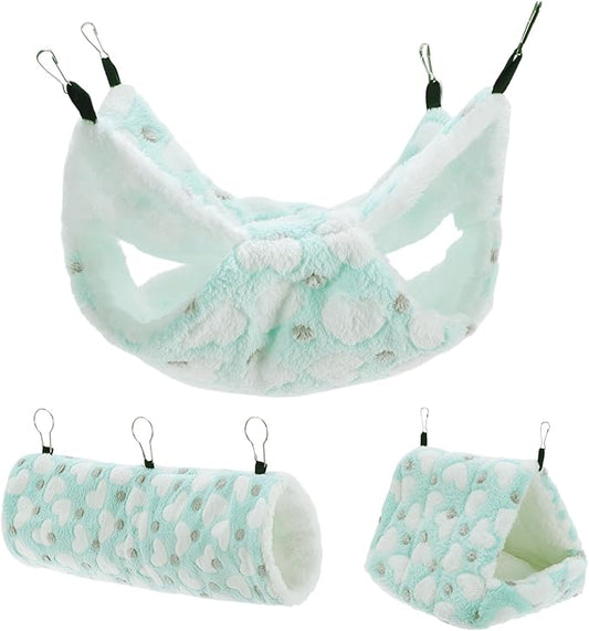 Ferret Hammock, Small Pet Cage Accessories, Ferret Bed, Pet Cage Hammock Hanging Tunnel and Bed Hideout Set for Hamster Squirrel Rabbit, Green, 3Pcs