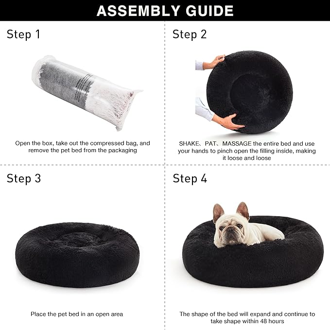 Love's cabin Calming Cat Bed for Indoor Cats,Anti-Anxiety Donut Round Dog Bed,Fluffy Faux Fur Washable Pet Bed for Small Medium Dogs and Cats,Black,24in