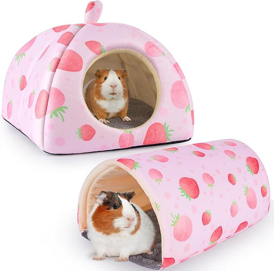 Bienbee Guinea Pig Hideout, Washable Rabbit Bed with Guinea Pig Tunnel, 2 Pack Guinea Pigs Toys Set Bunny Hideout Cage Accessories for Hamster Ferret Rabbits Bunny,Pink Strawberry