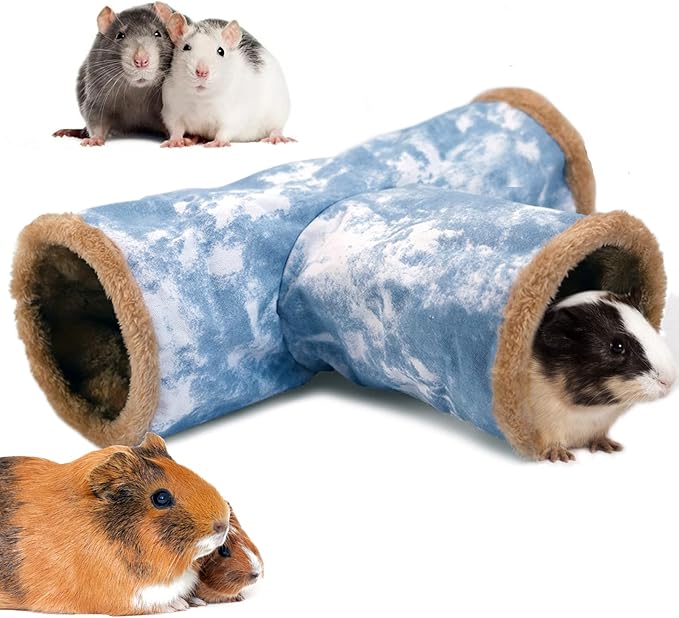 LeerKing Guinea Pig Tunnel 3 Way, Small Animal Hideout Toy Washable Canvas Fleece Tube Play Tunnel for Rats Ferret Bunny Gerbil Sugar Glider Chinchilla, Blue