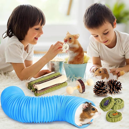 Kyouki Hamster Toys Guinea Pig Toys Set with Tunnel, Chewable Apple Wood & Natural Timothy Hay - Enrichment Chew Toys for Small Animals - 24+ Cage Accessories for Teeth Care & Boredom Relief (Blue)