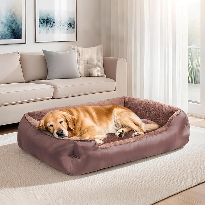 XL Dog Bed, Rectangle Soft Calming Pet Bed Large Washable Dog Couch, Warm Comfortable, Non-Slip Bottom, Brown
