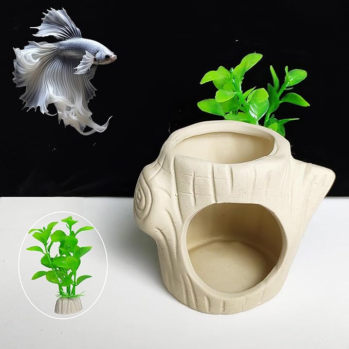 2Pack SpringSmart Aquarium Decor Rock Cave and Plastic Plant Betta Fish Tank Accessories for Fish Shrimp Turtle Crab Hiding Breeding Playing Ceramic Hideout Stone for Fish Bowl
