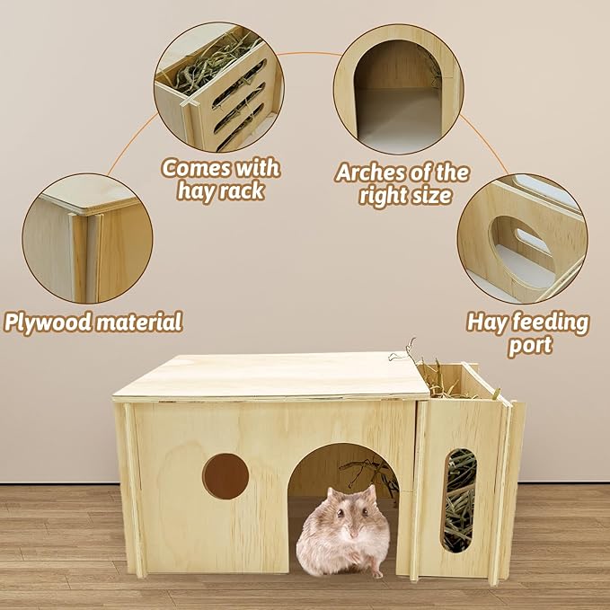Fhiny Guinea Pig Wood House with Hay Feeder, Detachable Chinchilla Hut Hideout Small Animal Hideout Hideaway Natural Hamster Habitat Decor for Guinea Pig Chinchilla Dwarf Rabbit Hamster