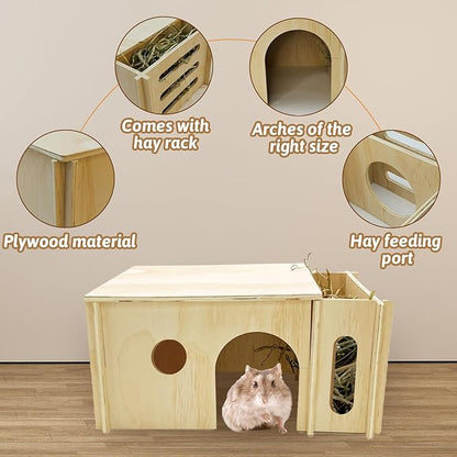 Fhiny Guinea Pig Wood House with Hay Feeder, Detachable Chinchilla Hut Hideout Small Animal Hideout Hideaway Natural Hamster Habitat Decor for Guinea Pig Chinchilla Dwarf Rabbit Hamster