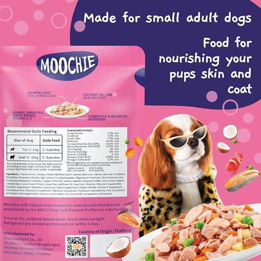 MOOCHIE Grain Free Small Dogs Wet Dog Food - Skin and Coat - Salmon, Chicken & Beef - No Artificial Flavors or Preservative - 12 x 3 oz Pouch