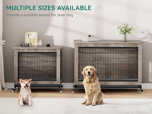 YITAHOME Dog Crate Furniture with Cushion, Kennel with Wheels, End Table with Tray, 27" Cage with Double Doors for Small Dog (Gray)