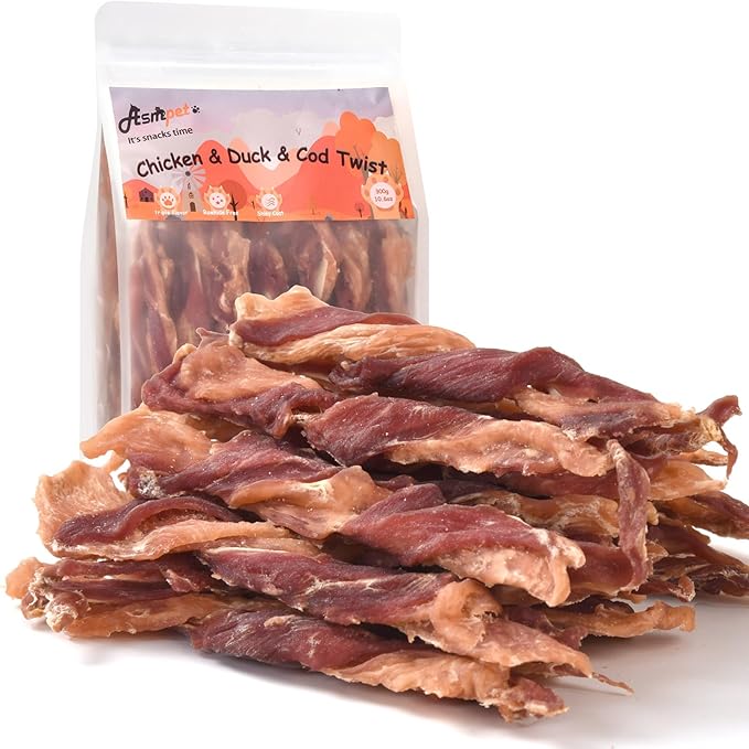 ASMPET Dog Treats Chews, Triple Flavor Chicken Duck and Cod Twisted Jerky Sticks for Small Medium Large Dogs 10.6 oz