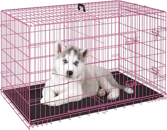 FDW Dog Crate for Small Dogs 24 Inch Folding Metal WirePet Cage Double Door W/Divider Panel Indoor Outdoor Kennel Leak-Proof Plastic Tray,Pink
