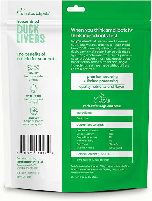 smallbatch Freeze Dried Dog Treats, Duck Liver Treats for Dogs & Cats, High Protein, Single Ingredient Dog Treat for Training or Food Topper, Natural, Humanely Sourced Meat, Made in The USA, 3 oz