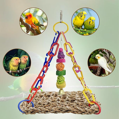 Bird Swing Toy Seagrass Mat, Natural Sea-Weed Woven Parrot Hammock Swing Bird Net Hammock Mat Climbing Swing Mat with Colorful Chewing Rope Toys for Parakeets, Budgie,Conure,Cockatiel,Lovebird