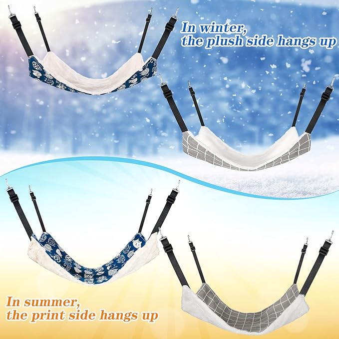 2 Pieces Reversible Cat Hanging Hammock Soft Breathable Pet Cage Hammock with Adjustable Straps and Metal Hooks Double Sided Hanging Bed for Small Dogs Rabbits(Cat and Plaid,L)