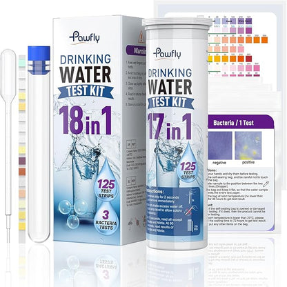 Pawfly 18 in 1 Drinking Water Test Kit, 125 Strips for Tap Water Well Swimming Pool Aquarium Spa, Home Water Quality Test Strips for pH Hardness Chlorine Lead Iron Copper Nitrate Fluoride & More